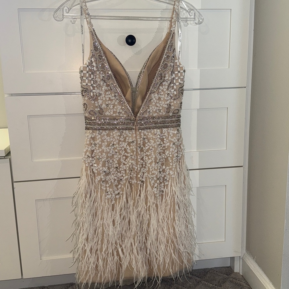 Jovani Cream Beaded Feather Mini Dress - Picture 6 of 9